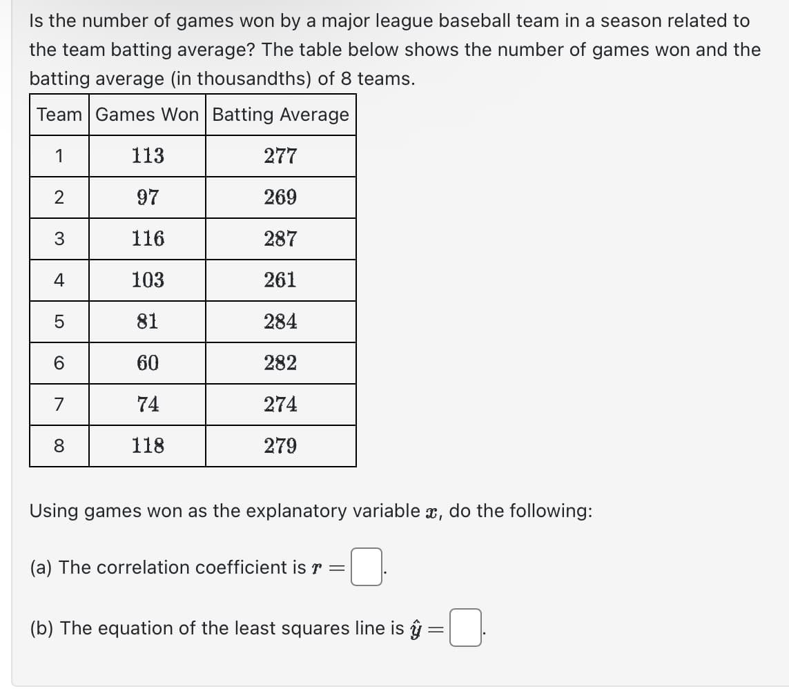 Is the number of games won by a major league baseball team in a season related to
the team batting average? The table below shows the number of games won and the
batting average (in thousandths) of 8 teams.
Team Games Won Batting Average
1
2
3
4
5
6
7
8
113
97
116
103
81
60
74
118
277
269
287
261
284
282
274
279
Using games won as the explanatory variable , do the following:
(a) The correlation coefficient is r =
(b) The equation of the least squares line is
=