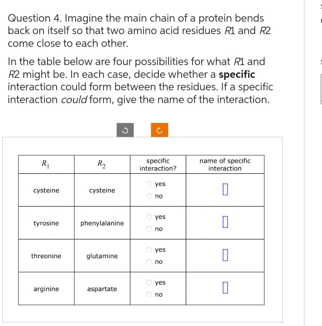 Question 4. Imagine the main chain of a protein bends
back on itself so that two amino acid residues R1 and R2
come close to each other.
In the table below are four possibilities for what R1 and
R2 might be. In each case, decide whether a specific
interaction could form between the residues. If a specific
interaction could form, give the name of the interaction.
R₁
cysteine
tyrosine
threonine
arginine
R₂
cysteine
phenylalanine
glutamine
aspartate
specific
interaction?
OO
yes
O yes
O no
no
OO
O yes
no
yes
no
name of specific
interaction
0
П
0
0