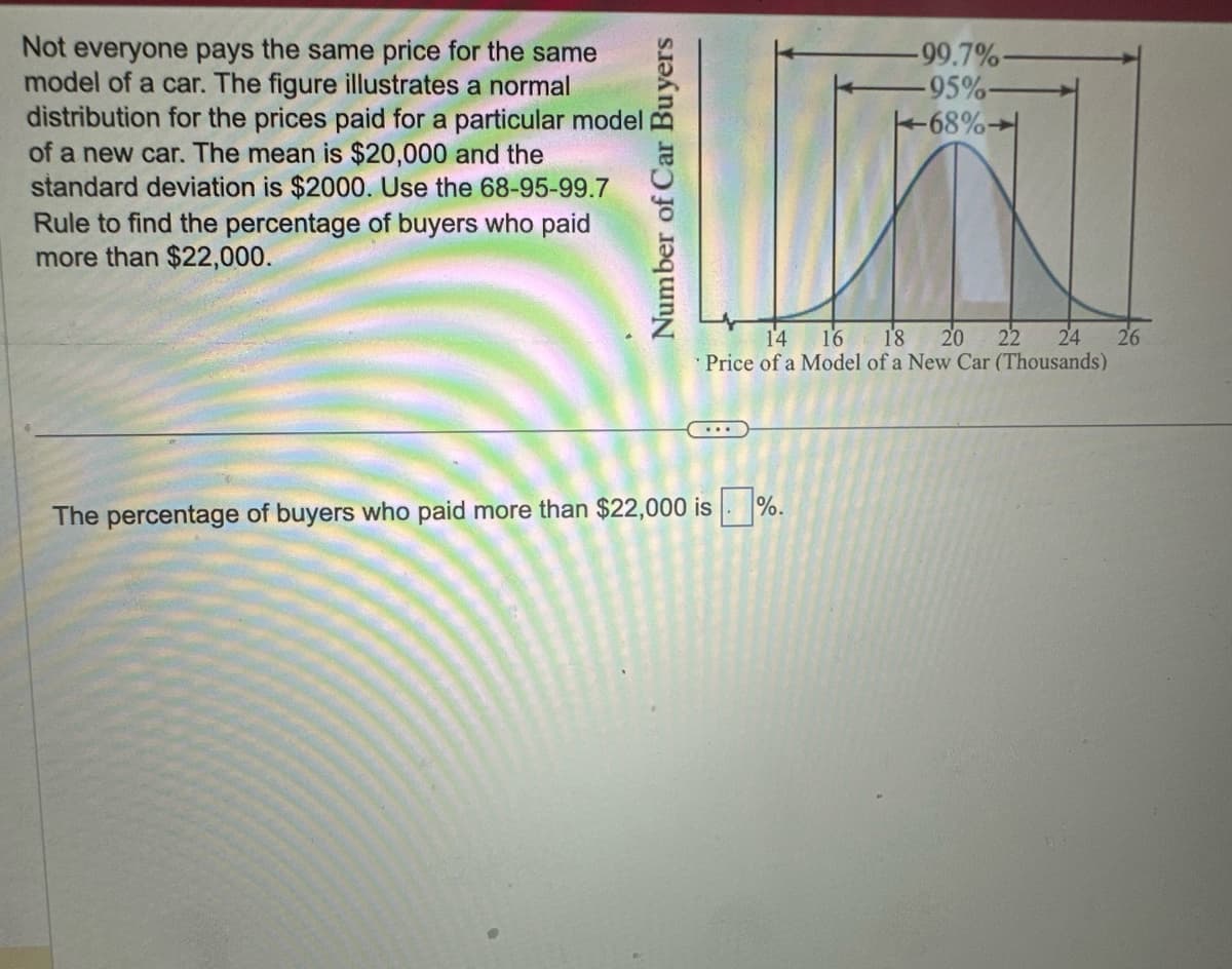 Not everyone pays the same price for the same
model of a car. The figure illustrates a normal
distribution for the prices paid for a particular model
of a new car. The mean is $20,000 and the
standard deviation is $2000. Use the 68-95-99.7
Rule to find the percentage of buyers who paid
more than $22,000.
Number of Car Buyers
16 18
99.7%-
-95%
68%
20
22
Price of a Model of a New Car (Thousands)
The percentage of buyers who paid more than $22,000 is %.
