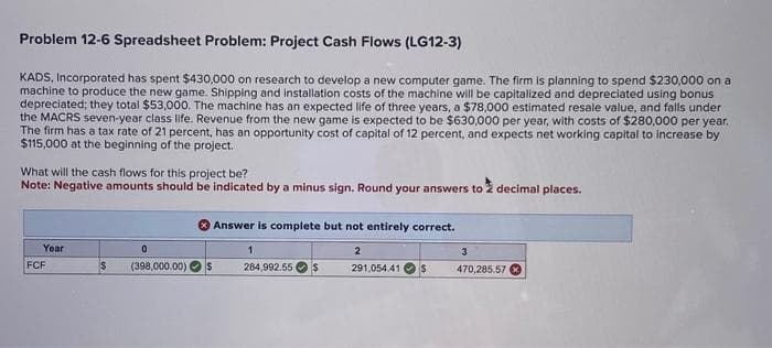 Problem 12-6 Spreadsheet Problem: Project Cash Flows (LG12-3)
KADS, Incorporated has spent $430,000 on research to develop a new computer game. The firm is planning to spend $230,000 on a
machine to produce the new game. Shipping and installation costs of the machine will be capitalized and depreciated using bonus
depreciated; they total $53,000. The machine has an expected life of three years, a $78,000 estimated resale value, and falls under
the MACRS seven-year class life. Revenue from the new game is expected to be $630,000 per year, with costs of $280,000 per year.
The firm has a tax rate of 21 percent, has an opportunity cost of capital of 12 percent, and expects net working capital to increase by
$115,000 at the beginning of the project.
What will the cash flows for this project be?
Note: Negative amounts should be indicated by a minus sign. Round your answers to decimal places.
Answer is complete but not entirely correct.
FCF
Year
0
1
2
$
(398,000.00)
S
284,992.55
$
291,054.41
3
470,285.57
