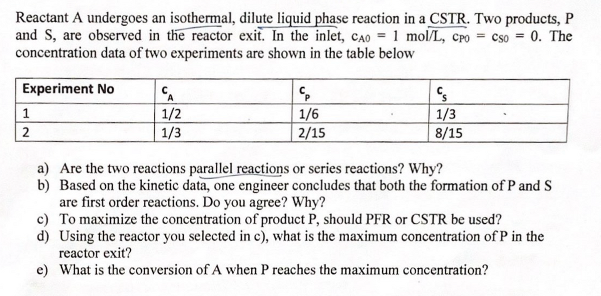 Reactant A undergoes an isothermal, dilute liquid phase reaction in a CSTR. Two products, P
and S, are observed in the reactor exit. In the inlet, CAO = 1 mol/L, CPO = cso = 0. The
concentration data of two experiments are shown in the table below
Experiment No
CA
1
2
1/2
1/3
CP
1/6
2/15
1/3
8/15
a) Are the two reactions parallel reactions or series reactions? Why?
b) Based on the kinetic data, one engineer concludes that both the formation of P and S
are first order reactions. Do you agree? Why?
c) To maximize the concentration of product P, should PFR or CSTR be used?
d) Using the reactor you selected in c), what is the maximum concentration of P in the
reactor exit?
e) What is the conversion of A when P reaches the maximum concentration?