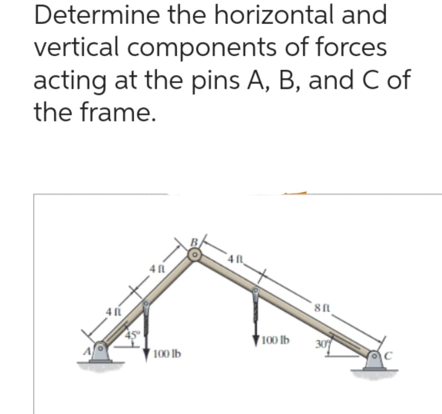 Determine the horizontal and
vertical components of forces
acting at the pins A, B, and C of
the frame.
41L
45°
411
100 lb
4 11
100 lb
8 ft
30
