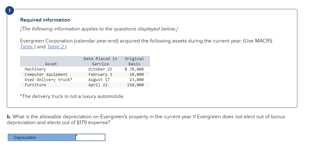 Required information
[The following information applies to the questions displayed below.]
Evergreen Corporation (calendar year-end) acquired the following assets during the current year: (Use MACRS
Table 1 and Table 2.)
Date Placed in
Service
October 25
February 3
August 17
April 22
*The delivery truck is not a luxury automobile.
Asset
Machinery
Computer equipment
Used delivery truck*
Furniture
Depreciation
Original
Basis
$ 70,000
10,000
23,000
150,000
b. What is the allowable depreciation on Evergreen's property in the current year if Evergreen does not elect out of bonus
depreciation and elects out of §179 expense?