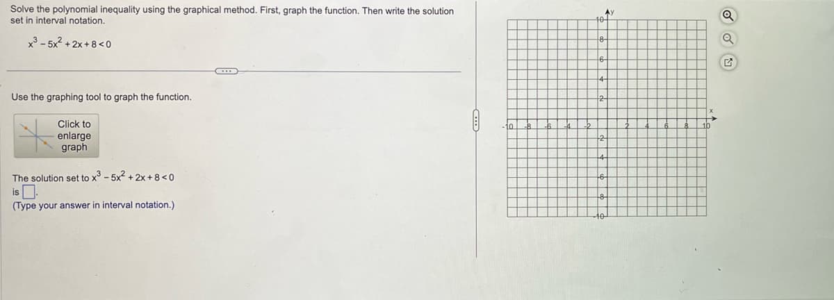 Solve the polynomial inequality using the graphical method. First, graph the function. Then write the solution
set in interval notation.
x3-5x²+2x+8<0
Use the graphing tool to graph the function.
Click to
enlarge
graph
The solution set to x3 -5x²+2x+8<0
(Type your answer in interval notation.)
10
8-
6-
4-
2
10
-B
-6
2
4
6
8
10