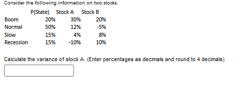 Consider the following information on two stocks:
P(State) Stock A Stock B
Boom
20%
30%
20%
Normal
50%
12%
-5%
Slow
15%
4%
8%
Recession
15%
-10%
10%
Calculate the variance of stock A. (Enter percentages as decimals and round to 4 decimals)
