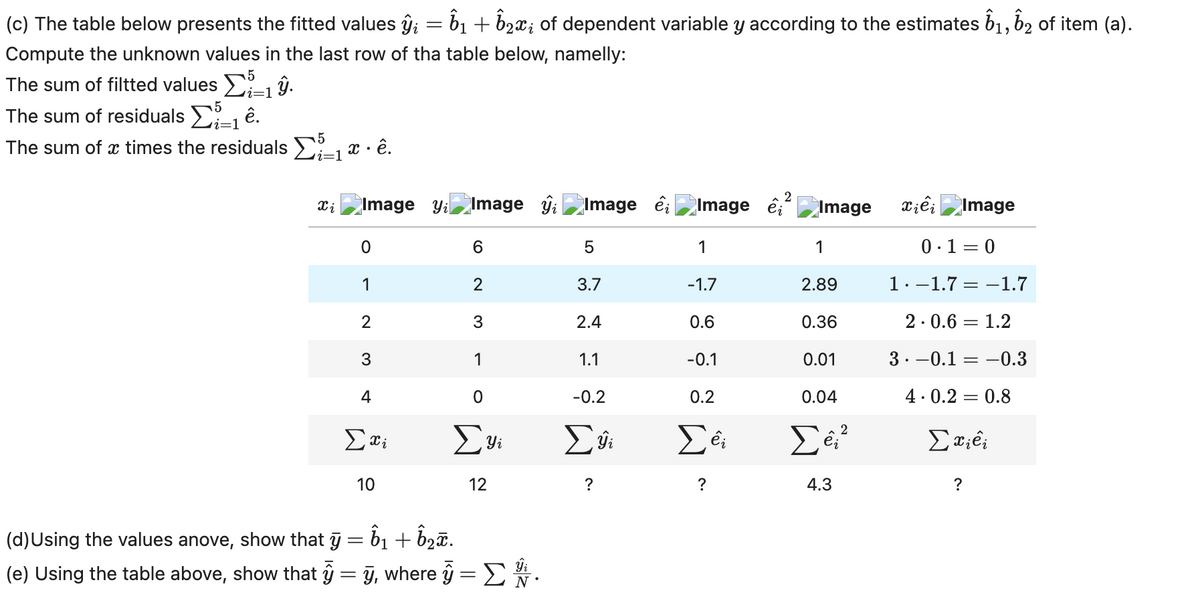 (c) The table below presents the fitted values ŷ¿ = ĥ₁ + ˆ¿x; of dependent variable y according to the estimates 61, 62 of item (a).
Compute the unknown values in the last row of tha table below, namelly:
The sum of filtted values
The sum of residuals Σ
5
i=1
1 ŷ.
ê.
The sum of x times the residuals 1 x. ê.
2
xi
Image Image ŷ Image ế¿ Image ei
Image
xiei Image
0
6
5
1
1
0.1=0
1
2
3.7
-1.7
2.89
1 · −1.7 = −1.7
2
3
2.4
0.6
0.36
2.0.6 = 1.2
3
1
1.1
-0.1
0.01
.
3 -0.1-0.3
4
0
-0.2
0.2
0.04
4.0.2 = 0.8
Στί
i
Συ
Σύ
Σε
Σε
2
Σxiêi
10
12
?
?
4.3
?
(d) Using the values anove, show that ÿ = b₁ + ô₂ã.
(e) Using the table above, show that y = ÿ, where y = 1.
