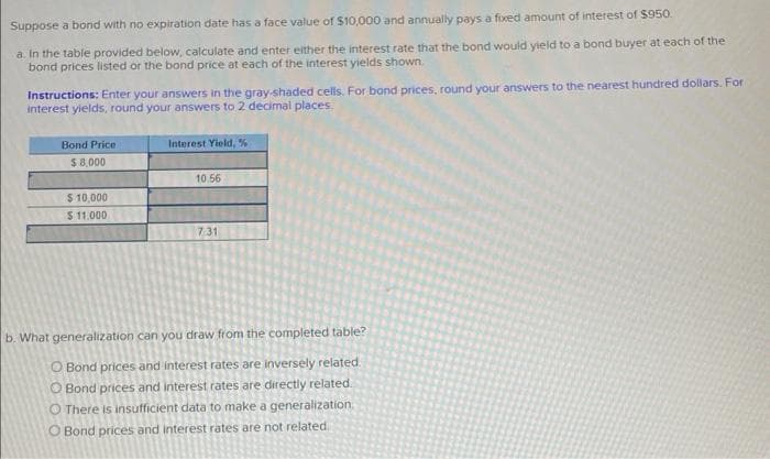 Suppose a bond with no expiration date has a face value of $10,000 and annually pays a fixed amount of interest of $950.
a. In the table provided below, calculate and enter either the interest rate that the bond would yield to a bond buyer at each of the
bond prices listed or the bond price at each of the interest yields shown.
Instructions: Enter your answers in the gray-shaded cells. For bond prices, round your answers to the nearest hundred dollars. For
interest yields, round your answers to 2 decimal places
Bond Price
$8,000
$ 10,000
$11.000
Interest Yield, %
10.56
7:31
b. What generalization can you draw from the completed table?
O Bond prices and interest rates are inversely related.
O Bond prices and interest rates are directly related.
O There is insufficient data to make a generalization.
O Bond prices and interest rates are not related.