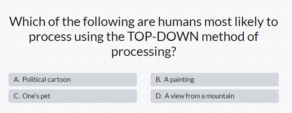 Which of the following are humans most likely to
process using the TOP-DOWN method of
A. Political cartoon
C. One's pet
processing?
B. A painting
D. A view from a mountain