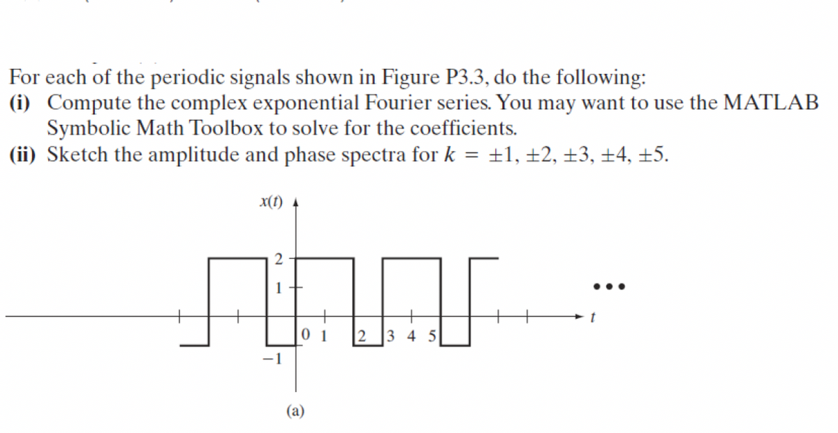 For each of the periodic signals shown in Figure P3.3, do the following:
(i) Compute the complex exponential Fourier series. You may want to use the MATLAB
Symbolic Math Toolbox to solve for the coefficients.
(ii) Sketch the amplitude and phase spectra for k
x(t)
=
±1, 12, 13, 14, 15.
2
1
t
01 2 345
-1
(a)