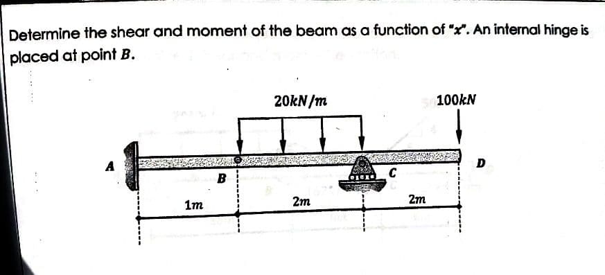 Determine the shear and moment of the beam as a function of "x". An internal hinge is
placed at point B.
A
1m
B
20kN/m
2m
30100kN
2m