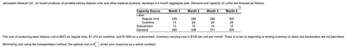 Jerusalem Medical Ltd., an Israeli producer of portable kidney dialysis units and other medical products, develops a 4-month aggregate plan. Demand and capacity (in units) are forecast as follows:
Capacity Source
Labor
Regular time
Overtime
Subcontract
Demand
Month 1
Month 2
Month 3
Month 4
245
265
280
300
15
28
26
28
12
260
15
308
15
311
15
305
The cost of producing each dialysis unit is $875 on regular time, $1,310 on overtime, and $1,600 on a subcontract. Inventory carrying cost is $100 per unit per month. There is to be no beginning or ending inventory in stock and backorders are not permitted.
Minimizing cost using the transportation method, the optimal cost is $☐ (enter your response as a whole number).