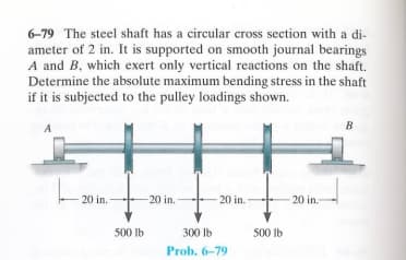 6-79 The steel shaft has a circular cross section with a di-
ameter of 2 in. It is supported on smooth journal bearings
A and B, which exert only vertical reactions on the shaft.
Determine the absolute maximum bending stress in the shaft
if it is subjected to the pulley loadings shown.
A
20 in.
20 in. -
20 in. -
20 in.-
500 lb
300 lb
Prob. 6-79
500 lb
B