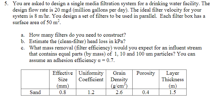 5. You are asked to design a single media filtration system for a drinking water facility. The
design flow rate is 20 mgd (million gallons per day). The ideal filter velocity for your
system is 8 m/hr. You design a set of filters to be used in parallel. Each filter box has a
surface area of 50 m².
a. How many filters do you need to construct?
b. Estimate the (clean-filter) head loss in kPa?
c. What mass removal (filter efficiency) would you expect for an influent stream
that contains equal parts (by mass) of 1, 10 and 100 um particles? You can
assume an adhesion efficiency a = 0.7.
Sand
Effective
Size
(mm)
0.8
Uniformity
Coefficient
1.2
Grain Porosity
Density
(g/cm³)
2.6
0.4
Layer
Thickness
(m)
1.5