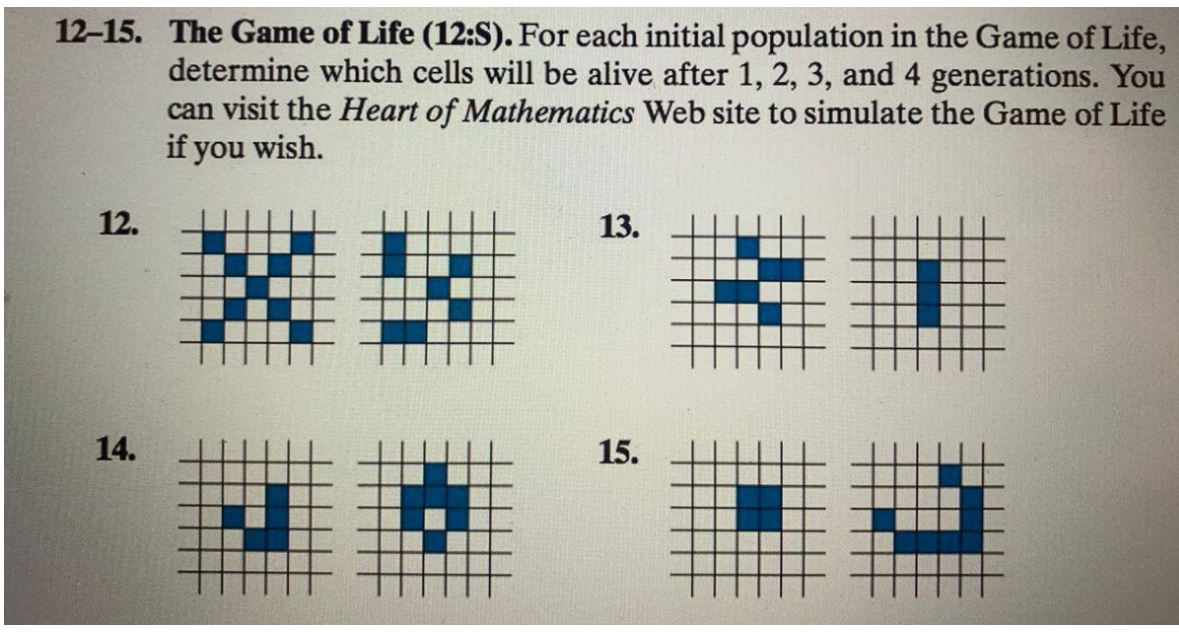 12-15. The Game of Life (12:S). For each initial population in the Game of Life,
12.
determine which cells will be alive after 1, 2, 3, and 4 generations. You
can visit the Heart of Mathematics Web site to simulate the Game of Life
if you wish.
13.
14.
15.