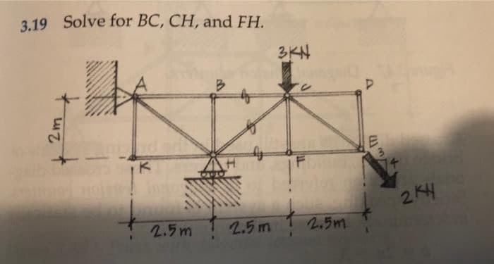 3.19 Solve for BC, CH, and FH.
2m
K
2.5m
2.5m
3KN
F
2.5m
(11
E
14
2KH
