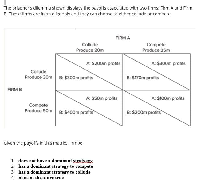 The prisoner's dilemma shown displays the payoffs associated with two firms: Firm A and Firm
B. These firms are in an oligopoly and they can choose to either collude or compete.
FIRM B
Collude
Produce 20m
Compete
Produce 50m
Collude
Produce 30m B: $300m profits
A: $200m profits
Given the payoffs in this matrix, Firm A:
B: $400m profits
FIRM A
A: $50m profits
1. does not have a dominant stratgegy
2. has a dominant strategy to compete
3. has a dominant strategy to collude
4. none of these are true
Compete
Produce 35m
A: $300m profits
B: $170m profits
A: $100m profits
B: $200m profits