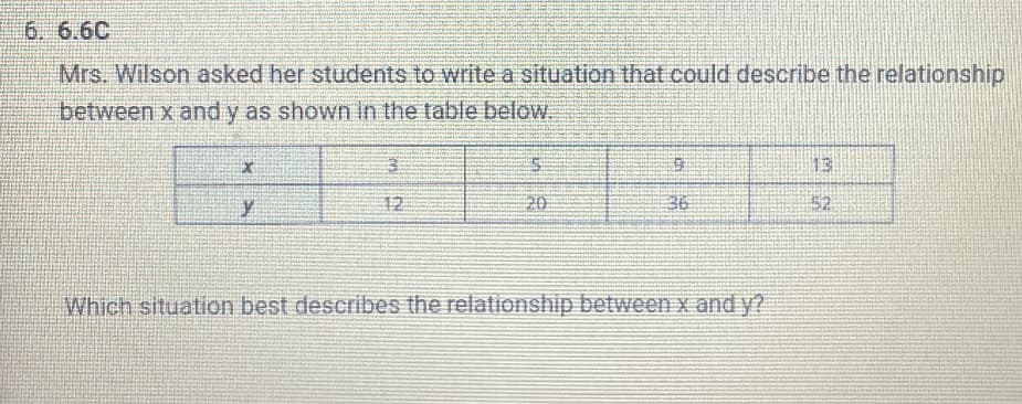 666
Mrs. Wilson asked her students to write a situation that could describe the relationship
between x and y as shown in the table below.
X
y
12
9
1301
19
Which situation best describes the relationship between x and y?
52