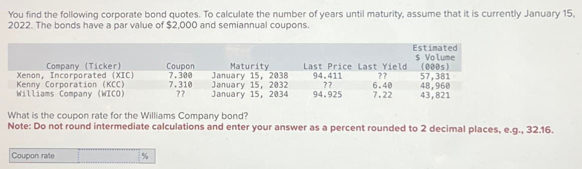 You find the following corporate bond quotes. To calculate the number of years until maturity, assume that it is currently January 15,
2022. The bonds have a par value of $2,000 and semiannual coupons.
Estimated
$ Volume
Company (Ticker)
Xenon, Incorporated (XIC)
Kenny Corporation (KCC)
Williams Company (WICO)
Coupon
7.300
7.310
??
Maturity
January 15, 2038
January 15, 2032
January 15, 2034
Last Price Last Yield
94.411
??
(000s)
??
57,381
6.40
48,960
94.925
7.22
43,821
What is the coupon rate for the Williams Company bond?
Note: Do not round intermediate calculations and enter your answer as a percent rounded to 2 decimal places, e.g., 32.16.
Coupon rate
%