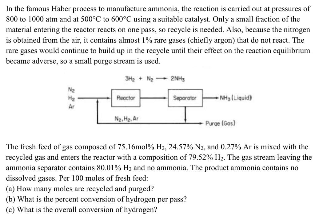 In the famous Haber process to manufacture ammonia, the reaction is carried out at pressures of
800 to 1000 atm and at 500°C to 600°C using a suitable catalyst. Only a small fraction of the
material entering the reactor reacts on one pass, so recycle is needed. Also, because the nitrogen
is obtained from the air, it contains almost 1% rare gases (chiefly argon) that do not react. The
rare gases would continue to build up in the recycle until their effect on the reaction equilibrium
became adverse, so a small purge stream is used.
N₂
H₂
Ar
3H₂ + N₂
Reactor
N₂, H₂, Ar
-2NH3
Separator
-NH3 (Liquid)
(a) How many moles are recycled and purged?
(b) What is the percent conversion of hydrogen per pass?
(c) What is the overall conversion of hydrogen?
Purge (Gas)
The fresh feed of gas composed of 75.16mol% H₂, 24.57% N2, and 0.27% Ar is mixed with the
recycled gas and enters the reactor with a composition of 79.52% H₂. The gas stream leaving the
ammonia separator contains 80.01% H₂ and no ammonia. The product ammonia contains no
dissolved gases. Per 100 moles of fresh feed: