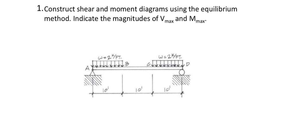 1. Construct shear and moment diagrams using the equilibrium
method. Indicate the magnitudes of Vmax and Mmax"
101
10'
W=2K/FT.