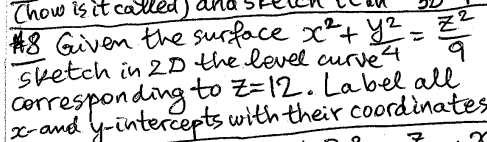 Chow is it called,
#8 Given the surface x²+ y² = Z²
Sketch in 2D the level curve 4
corresponding to Z=12. Label all
x- and y-intercepts with their coordinates