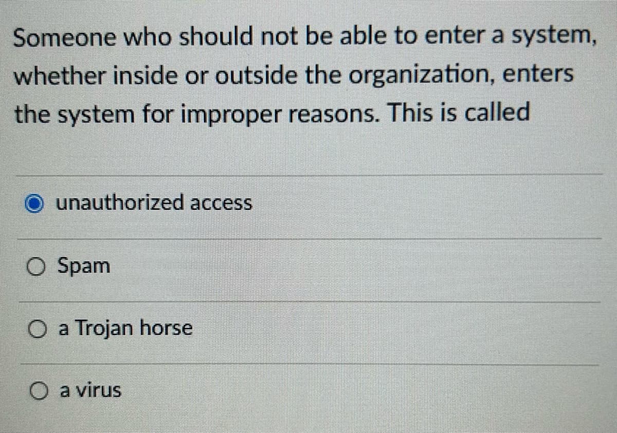 Someone who should not be able to enter a system,
whether inside or outside the organization, enters
the system for improper reasons. This is called
unauthorized access
O Spam
O a Trojan horse
O a virus