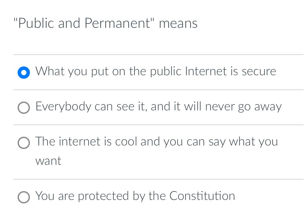 "Public and Permanent" means
What you put on the public Internet is secure
O Everybody can see it, and it will never go away
O The internet is cool and you can say what you
want
O You are protected by the Constitution