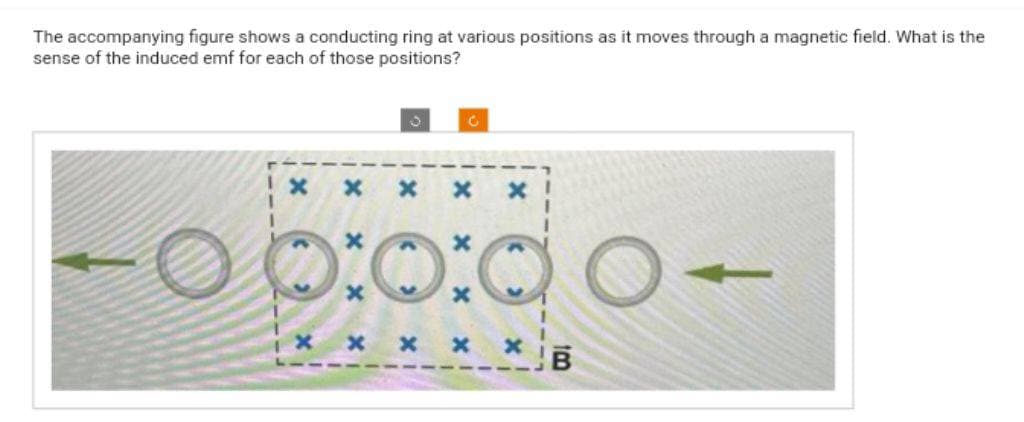 The accompanying figure shows a conducting ring at various positions as it moves through a magnetic field. What is the
sense of the induced emf for each of those positions?
x
x
ix
X
podo-
C
x
1
**B