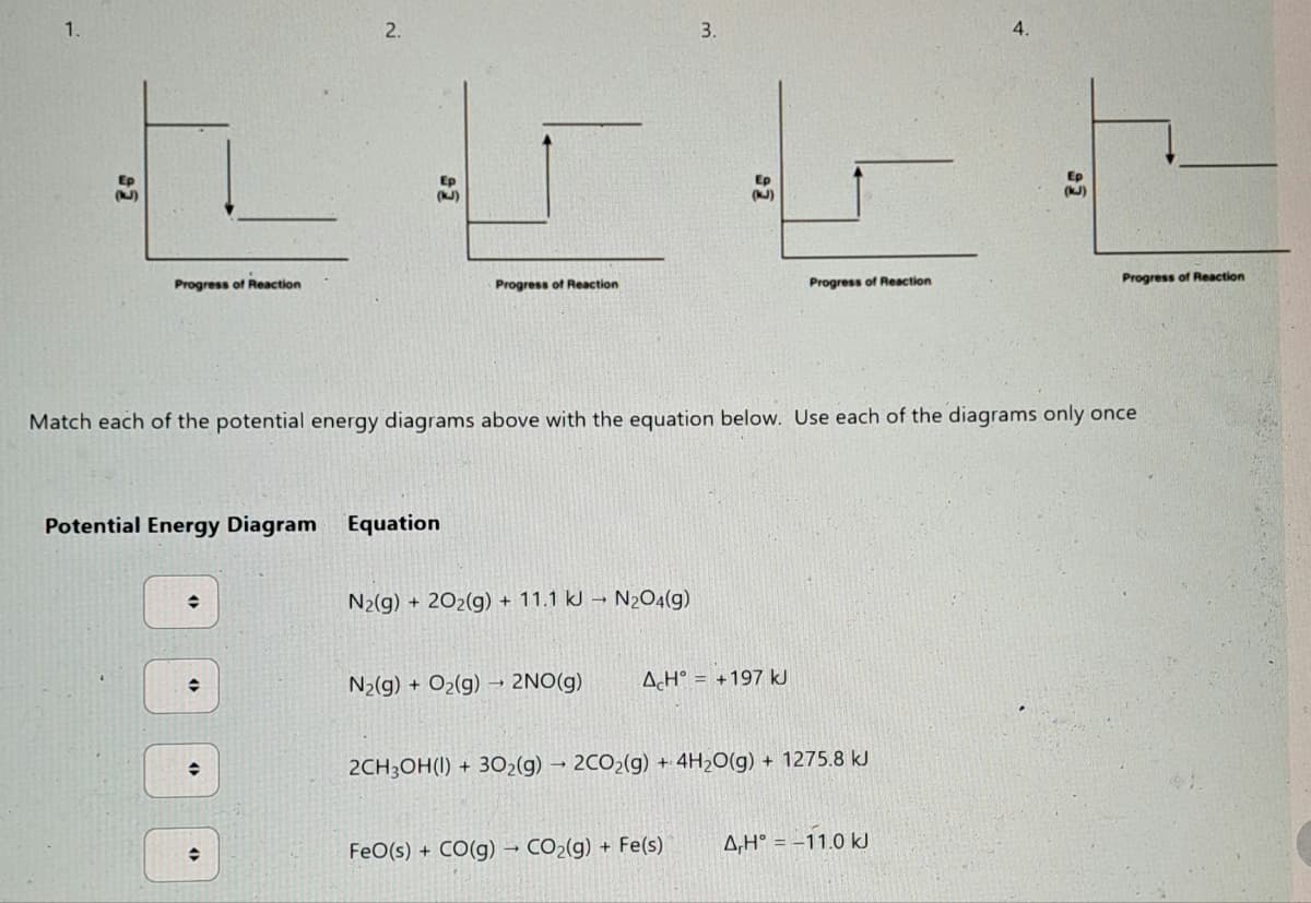 1.
2.
3.
4.
Ep
(J)
Progress of Reaction
Ep
(KJ)
Progress of Reaction
Ep
(kJ)
ธร
Progress of Reaction
Ep
(KJ)
Progress of Reaction
Match each of the potential energy diagrams above with the equation below. Use each of the diagrams only once
Potential Energy Diagram Equation
÷
N2(g)+2O2(g)+11.1k→ N2O4(g)
Nz(g) + O2(g) → 2NO(g)
AcH°= +197
2CH3OH(I)+3O2(g) → 2CO2(g)+4H2O(g)+1275.8 kJ
FeO(s) + CO(g) → CO2(g) + Fe(s)
AH°= -11.0 kJ