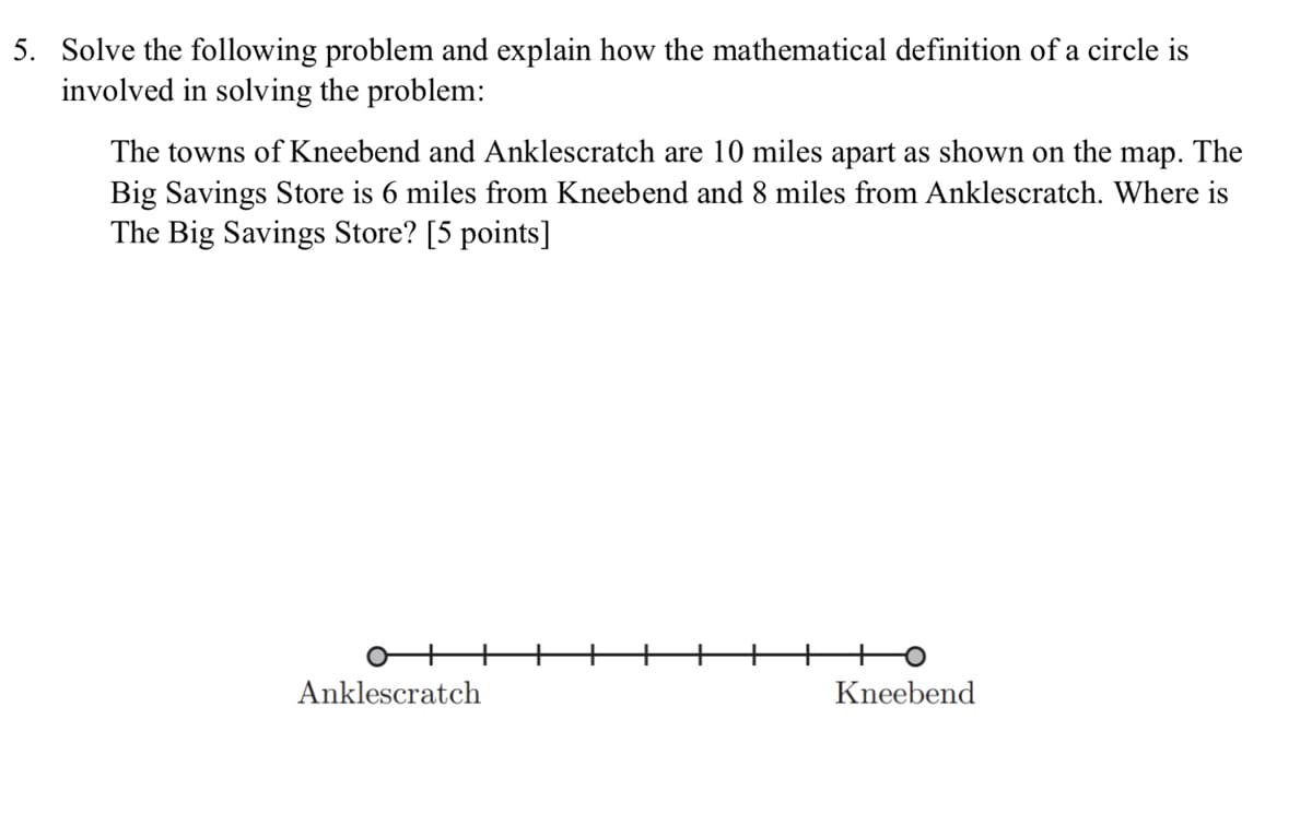 5. Solve the following problem and explain how the mathematical definition of a circle is
involved in solving the problem:
The towns of Kneebend and Anklescratch are 10 miles apart as shown on the map. The
Big Savings Store is 6 miles from Kneebend and 8 miles from Anklescratch. Where is
The Big Savings Store? [5 points]
Anklescratch
Kneebend