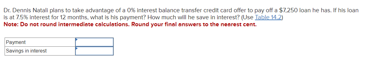 Dr. Dennis Natali plans to take advantage of a 0% interest balance transfer credit card offer to pay off a $7,250 loan he has. If his loan
is at 7.5% interest for 12 months, what is his payment? How much will he save in interest? (Use Table 14.2)
Note: Do not round intermediate calculations. Round your final answers to the nearest cent.
Payment
Savings in interest