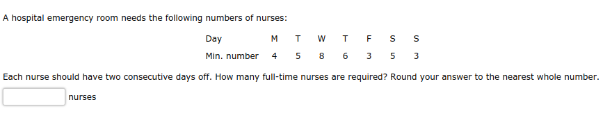 A hospital emergency room needs the following numbers of nurses:
Day
M
T W T F S S
Min. number 4 5 8 6 3 5 3
Each nurse should have two consecutive days off. How many full-time nurses are required? Round your answer to the nearest whole number.
nurses