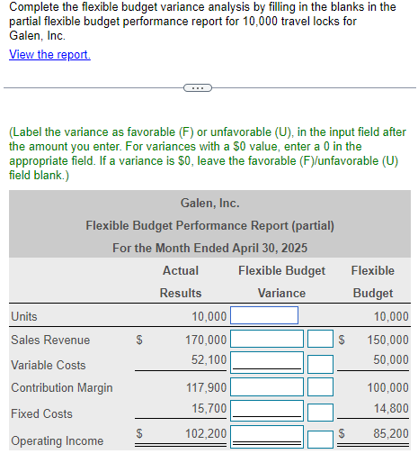 Complete the flexible budget variance analysis by filling in the blanks in the
partial flexible budget performance report for 10,000 travel locks for
Galen, Inc.
View the report.
(Label the variance as favorable (F) or unfavorable (U), in the input field after
the amount you enter. For variances with a $0 value, enter a 0 in the
appropriate field. If a variance is $0, leave the favorable (F)/unfavorable (U)
field blank.)
Galen, Inc.
Flexible Budget Performance Report (partial)
For the Month Ended April 30, 2025
Actual
Results
Units
Sales Revenue
Variable Costs
Contribution Margin
Fixed Costs
Operating Income
$
$
10,000
170,000
52,100
117,900
15,700
102,200
Flexible Budget
Variance
$
Flexible
Budget
10,000
150,000
50,000
100,000
14,800
85,200