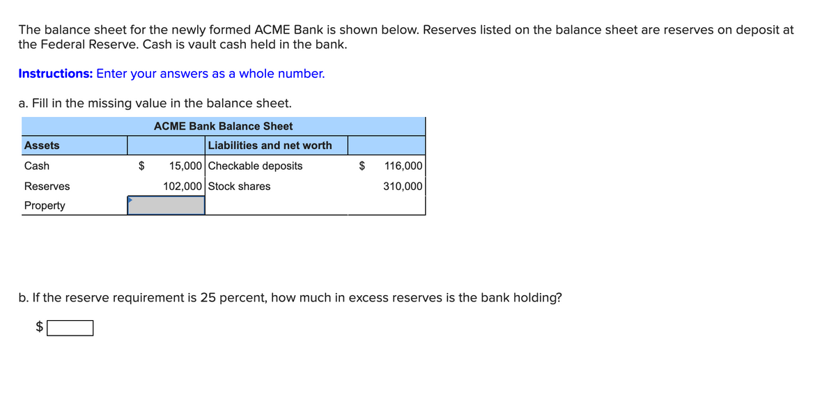 The balance sheet for the newly formed ACME Bank is shown below. Reserves listed on the balance sheet are reserves on deposit at
the Federal Reserve. Cash is vault cash held in the bank.
Instructions: Enter your answers as a whole number.
a. Fill in the missing value in the balance sheet.
ACME Bank Balance Sheet
Assets
Cash
Reserves
Property
Liabilities and net worth
15,000 Checkable deposits
102,000 Stock shares
116,000
310,000
b. If the reserve requirement is 25 percent, how much in excess reserves is the bank holding?