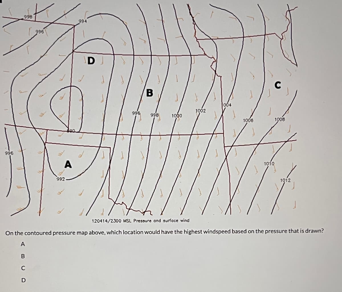 996
996
996
B
C
D
A
992
994
D
996
B
998
1000
1002
1006
1010
1008
1012
120414/2300 MSL Pressure and surface wind
On the contoured pressure map above, which location would have the highest windspeed based on the pressure that is drawn?
A