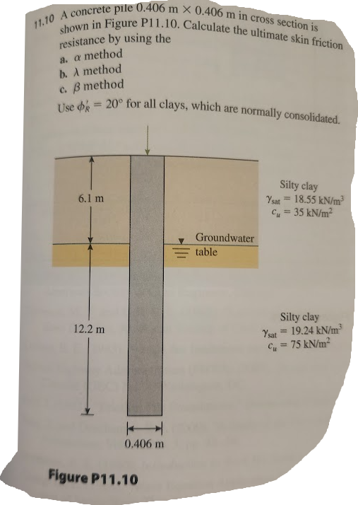 11.10 A concrete pile 0.406 m x 0.406 m in cross section is
shown in Figure P11.10. Calculate the ultimate skin friction
resistance by using the
a. a method
b. A method
c. ẞ method
Use =20° for all clays, which are normally consolidated.
6.1 m
12.2 m
0.406 m
Figure P11.10
Groundwater
table
Ysat
Silty clay
18.55 kN/m³
Cu = 35 kN/m²
Silty clay
Ysat
=
19.24 kN/m³
Cu = 75 kN/m²