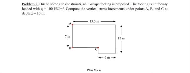 Problem 2: Due to some site constraints, an L-shape footing is proposed. The footing is uniformly
loaded with q = 100 kN/m². Compute the vertical stress increments under points A, B, and C at
depth z = 10 m.
7 m
B
13.5 m
Plan View
6 m
12 m