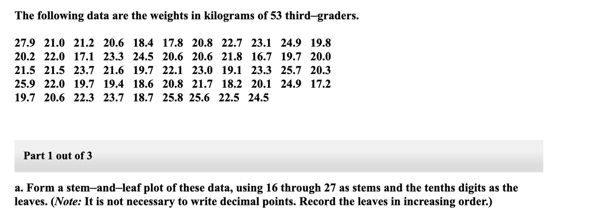 The following data are the weights in kilograms of 53 third-graders.
27.9 21.0 21.2 20.6 18.4 17.8 20.8 22.7 23.1 24.9 19.8
20.2 22.0 17.1 23.3 24.5 20.6 20.6 21.8 16.7 19.7 20.0
21.5 21.5 23.7 21.6 19.7 22.1 23.0 19.1 23.3 25.7 20.3
25.9 22.0 19.7 19.4 18.6 20.8 21.7 18.2 20.1 24.9 17.2
19.7 20.6 22.3 23.7 18.7 25.8 25.6 22.5 24.5
Part 1 out of 3
a. Form a stem-and-leaf plot of these data, using 16 through 27 as stems and the tenths digits as the
leaves. (Note: It is not necessary to write decimal points. Record the leaves in increasing order.)
