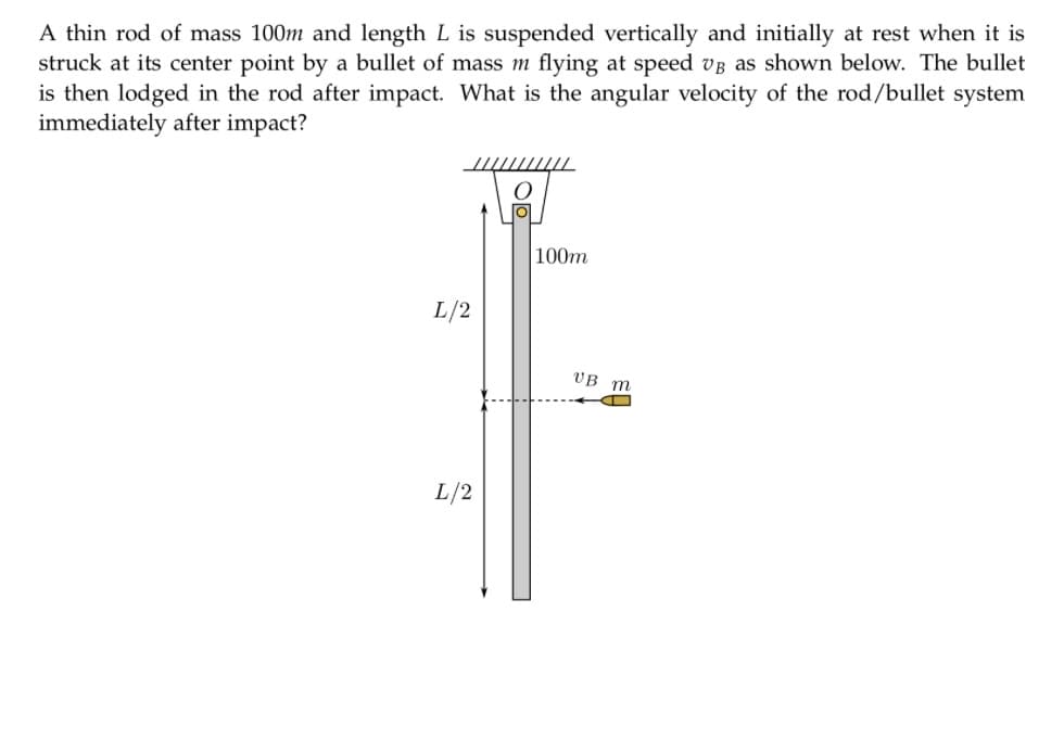 A thin rod of mass 100m and length L is suspended vertically and initially at rest when it is
struck at its center point by a bullet of mass m flying at speed vB as shown below. The bullet
is then lodged in the rod after impact. What is the angular velocity of the rod/bullet system
immediately after impact?
L/2
L/2
100m
VB m
←