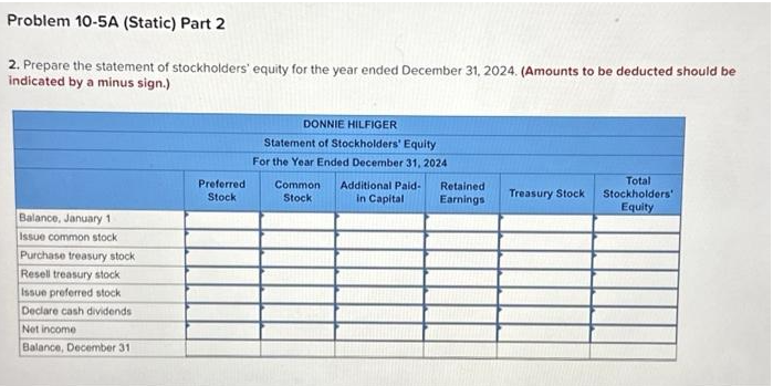 Problem 10-5A (Static) Part 2
2. Prepare the statement of stockholders' equity for the year ended December 31, 2024. (Amounts to be deducted should be
indicated by a minus sign.)
Balance, January 1
Issue common stock
Purchase treasury stocki
Resell treasury stock
Issue preferred stock
Declare cash dividends
Net income
Balance, December 31
Preferred
Stock
DONNIE HILFIGER
Statement of Stockholders' Equity
For the Year Ended December 31, 2024
Common
Stock
Additional Paid-
in Capital
Retained
Earnings
Treasury Stock
Total
Stockholders'
Equity