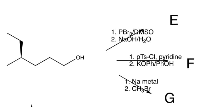 OH
1. PBr3/DMSO
2. NaOH/H₂O
F
1. pTs-Cl, pyridine
2. KOPh/PhOH F
Na metal
2. CH3 Br
G