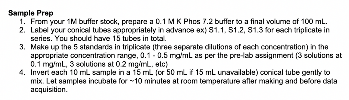 Sample Prep
1. From your 1M buffer stock, prepare a 0.1 MK Phos 7.2 buffer to a final volume of 100 mL.
2. Label your conical tubes appropriately in advance ex) S1.1, S1.2, S1.3 for each triplicate in
series. You should have 15 tubes in total.
3. Make up the 5 standards in triplicate (three separate dilutions of each concentration) in the
appropriate concentration range, 0.1 -0.5 mg/mL as per the pre-lab assignment (3 solutions at
0.1 mg/mL, 3 solutions at 0.2 mg/mL, etc)
4. Invert each 10 mL sample in a 15 mL (or 50 mL if 15 mL unavailable) conical tube gently to
mix. Let samples incubate for ~10 minutes at room temperature after making and before data
acquisition.