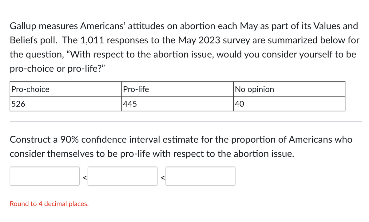 Gallup measures Americans' attitudes on abortion each May as part of its Values and
Beliefs poll. The 1,011 responses to the May 2023 survey are summarized below for
the question, "With respect to the abortion issue, would you consider yourself to be
pro-choice or pro-life?"
Pro-choice
526
<
Pro-life
445
Construct a 90% confidence interval estimate for the proportion of Americans who
consider themselves to be pro-life with respect to the abortion issue.
Round to 4 decimal places.
No opinion
40