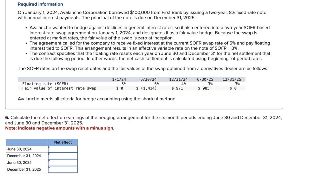 Required information
On January 1, 2024, Avalanche Corporation borrowed $100,000 from First Bank by issuing a two-year, 8% fixed-rate note
with annual interest payments. The principal of the note is due on December 31, 2025.
• Avalanche wanted to hedge against declines in general interest rates, so it also entered into a two-year SOFR-based
interest rate swap agreement on January 1, 2024, and designates it as a fair value hedge. Because the swap is
entered at market rates, the fair value of the swap is zero at inception.
• The agreement called for the company to receive fixed interest at the current SOFR swap rate of 5% and pay floating
interest tied to SOFR. This arrangement results in an effective variable rate on the note of SOFR + 3%.
• The contract specifies that the floating rate resets each year on June 30 and December 31 for the net settlement that
is due the following period. In other words, the net cash settlement is calculated using beginning-of-period rates.
The SOFR rates on the swap reset dates and the fair values of the swap obtained from a derivatives dealer are as follows:
Floating rate (SOFR)
Fair value of interest rate swap
1/1/24
5%
$ 0
6/30/24
12/31/24
6%
4%
6/30/25
3%
12/31/25
3%
$ (1,414)
$ 971
$ 985
$ 0
Avalanche meets all criteria for hedge accounting using the shortcut method.
6. Calculate the net effect on earnings of the hedging arrangement for the six-month periods ending June 30 and December 31, 2024,
and June 30 and December 31, 2025.
Note: Indicate negative amounts with a minus sign.
June 30, 2024
December 31, 2024
June 30, 2025
December 31, 2025
Net effect