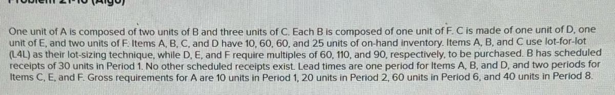 One unit of A is composed of two units of B and three units of C. Each B is composed of one unit of F. C is made of one unit of D, one
unit of E, and two units of F. Items A, B, C, and D have 10, 60, 60, and 25 units of on-hand inventory. Items A, B, and C use lot-for-lot
(L4L) as their lot-sizing technique, while D, E, and F require multiples of 60, 110, and 90, respectively, to be purchased. B has scheduled
receipts of 30 units in Period 1. No other scheduled receipts exist. Lead times are one period for Items A, B, and D, and two periods for
Items C, E, and F. Gross requirements for A are 10 units in Period 1, 20 units in Period 2, 60 units in Period 6, and 40 units in Period 8.