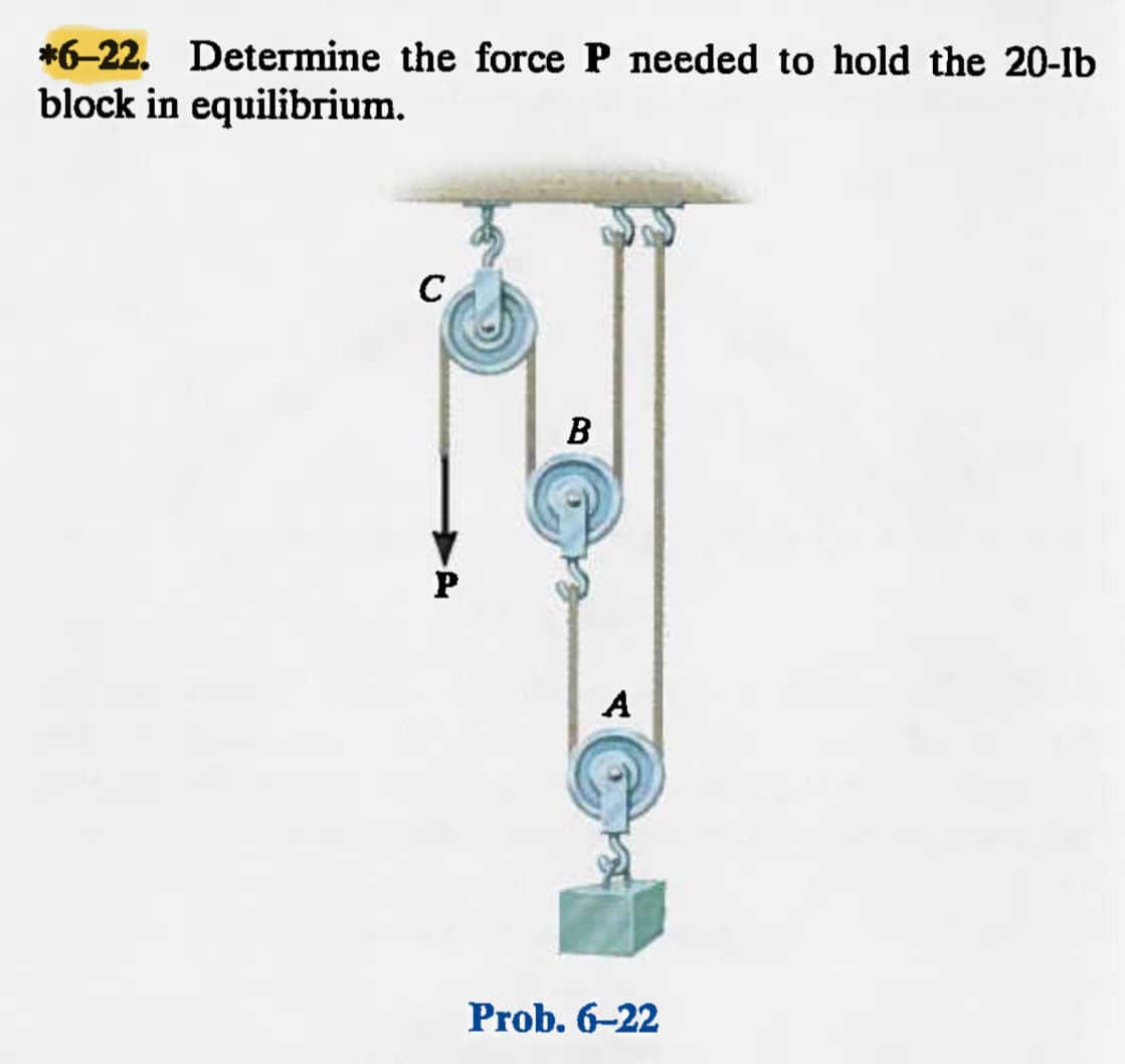 *6-22. Determine the force P needed to hold the 20-lb
block in equilibrium.
C
P
B
A
Prob. 6-22