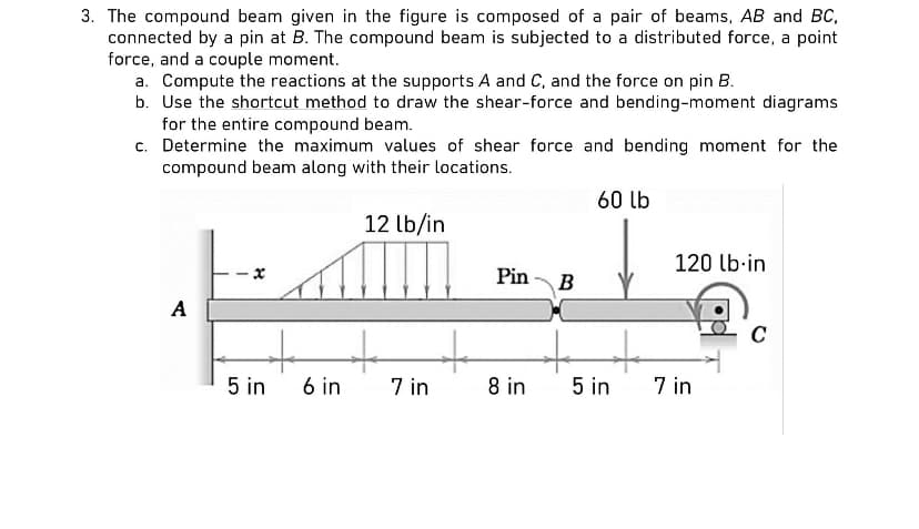 3. The compound beam given in the figure is composed of a pair of beams, AB and BC,
connected by a pin at B. The compound beam is subjected to a distributed force, a point
force, and a couple moment.
a. Compute the reactions at the supports A and C, and the force on pin B.
b. Use the shortcut method to draw the shear-force and bending-moment diagrams
for the entire compound beam.
c. Determine the maximum values of shear force and bending moment for the
compound beam along with their locations.
12 lb/in
A
5 in
6 in
7 in
Pin B
8 in
60 lb
5 in
120 lb in
7 in
C