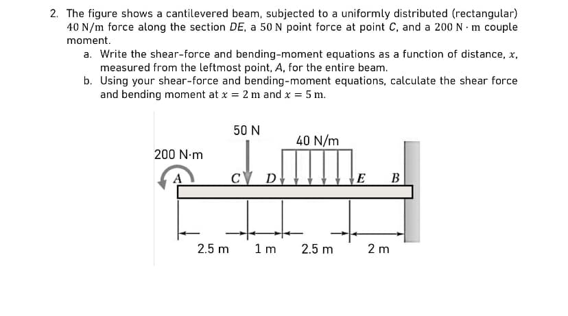 2. The figure shows a cantilevered beam, subjected to a uniformly distributed (rectangular)
40 N/m force along the section DE, a 50 N point force at point C, and a 200 N·m couple
moment.
a. Write the shear-force and bending-moment equations as a function of distance, x,
measured from the leftmost point, A, for the entire beam.
b. Using your shear-force and bending-moment equations, calculate the shear force
and bending moment at x = 2 m and x = 5 m.
200 N·m
A
2.5 m
50 N
C D
1 m
40 N/m
2.5 m
E B
2 m