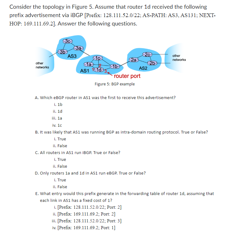 Consider the topology in Figure 5. Assume that router 1d received the following
prefix advertisement via iBGP [Prefix: 128.111.52.0/22; AS-PATH: AS3, AS131; NEXT-
HOP: 169.111.69.2]. Answer the following questions.
other
networks
30
3b
3a
AS3
$10
1a2
AS1 1103
1b
2a
router port
Figure 5: BGP example
AS2
D. Only routers 1a and 1d in AS1 run eBGP. True or False?
i. True
ii. False
i. [Prefix: 128.111.52.0/22; Port: 2]
ii. [Prefix: 169.111.69.2; Port: 2]
iii. [Prefix: 128.111.52.0/22; Port: 3]
iv. [Prefix: 169.111.69.2; Port: 1]
2b
A. Which eBGP router in AS1 was the first to receive this advertisement?
i. 1b
ii. 1d
iii. 1a
iv. 1c
B. It was likely that AS1 was running BGP as intra-domain routing protocol. True or False?
i. True
ii. False
C. All routers in AS1 run iBGP. True or False?
i. True
ii. False
other
networks
E. What entry would this prefix generate in the forwarding table of router 1d, assuming that
each link in AS1 has a fixed cost of 1?