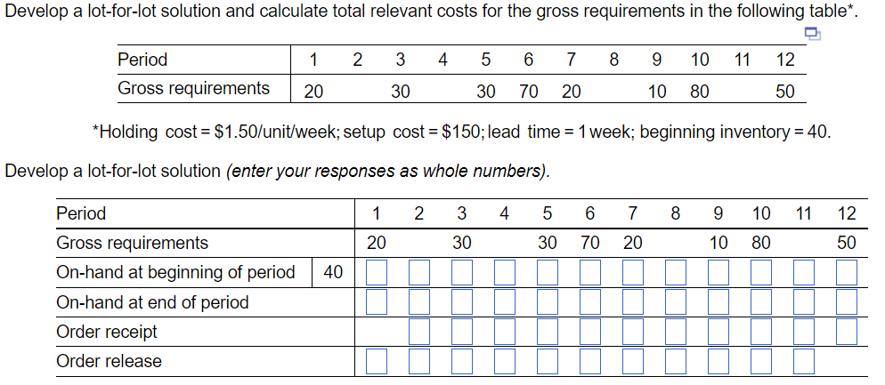 Develop a lot-for-lot solution and calculate total relevant costs for the gross requirements in the following table*.
다
Period
1
2
3
4
5
6
7
8
9 10 11
12
Gross requirements
20
30
30
70 20
10 80
50
*Holding cost = $1.50/unit/week; setup cost = $150; lead time = 1 week; beginning inventory = 40.
Develop a lot-for-lot solution (enter your responses as whole numbers).
Period
1
2
3
4
5 6
7
8
9
10 11
12
Gross requirements
20
30
30
70
20
10 80
50
On-hand at beginning of period
40
On-hand at end of period
Order receipt
Order release